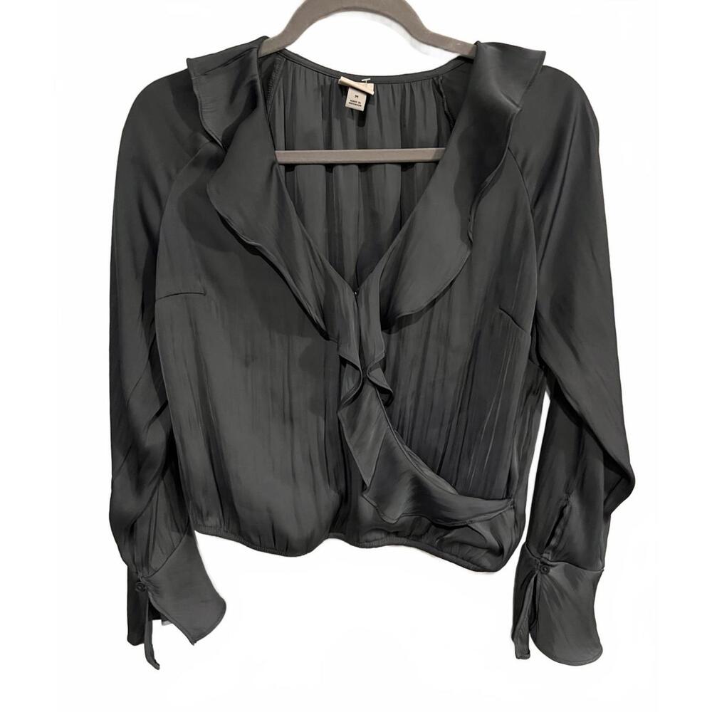 A New Day, Dark Grey Ruffle Blouse,  Long Sleeve, Size Med. - Picture 2 of 4